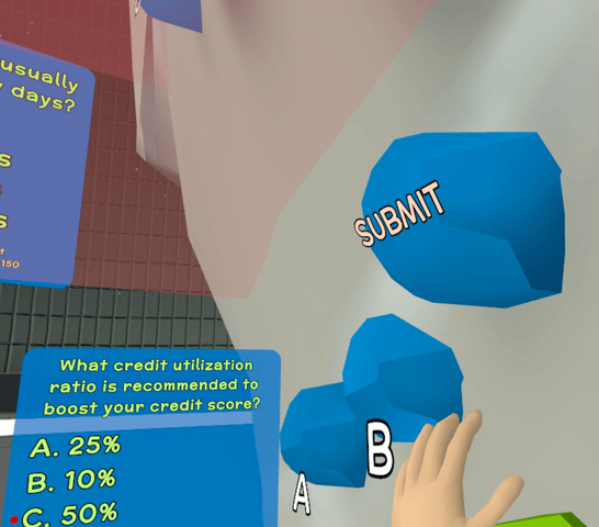 Student selecting an answer on a VR financial literacy quiz