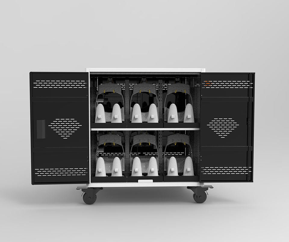 Meta Quest headsets in a charging and storage cart