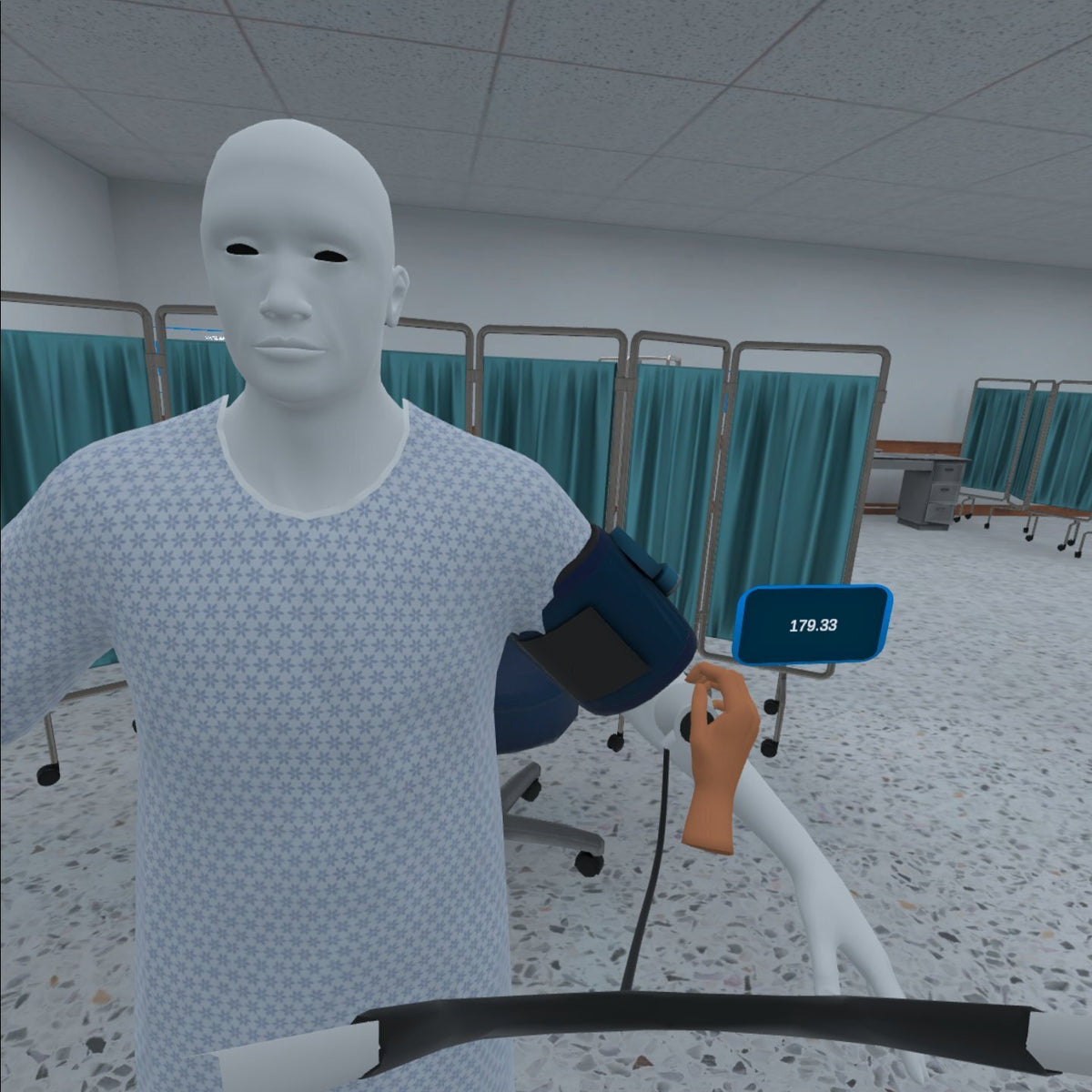 Patient avatar with a blood pressure cuff in VR nursing assistant training