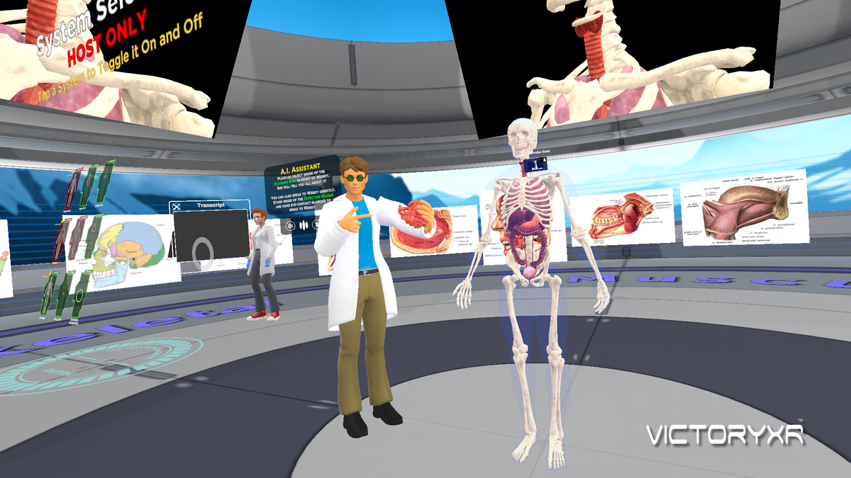 Teacher avatar beside a skeleton and organ displays in the VXRLabs anatomy lab
