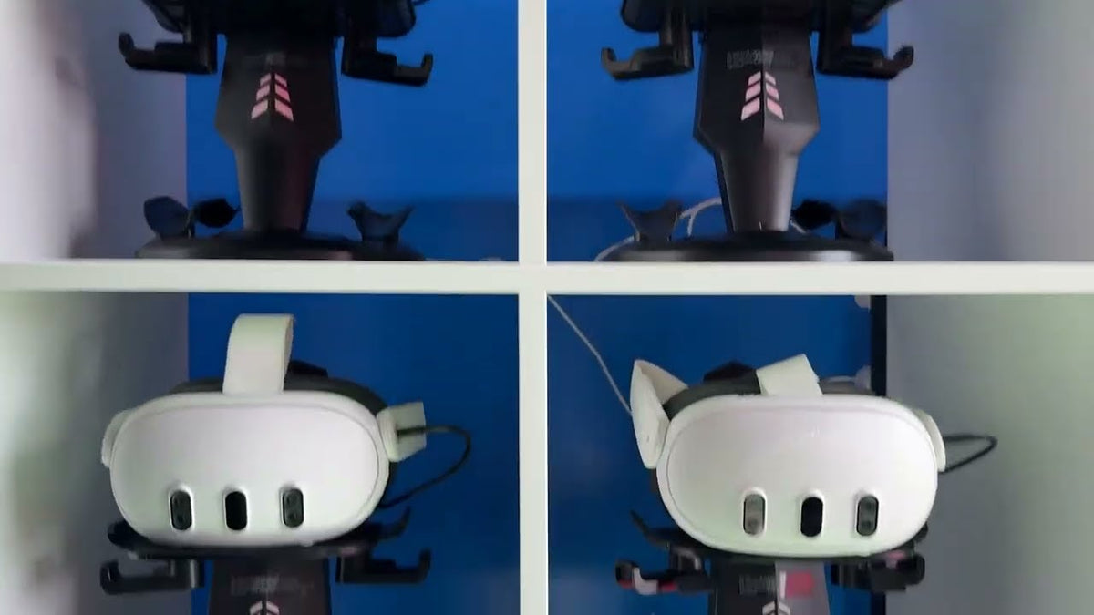 Meta Quest headsets charging in a storage cart