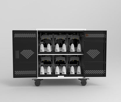 Meta Quest headsets in a charging and storage cart